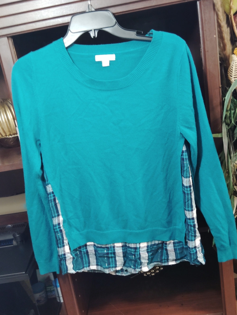 New York & Company Teal Crewneck Sweater with Plaid Hem